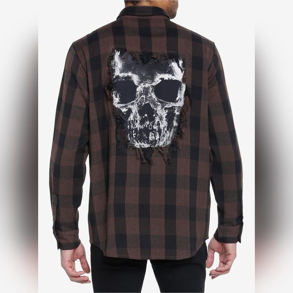 Hot Topic Brown Plaid Skull Rip Woven Button-Up - Picture 1 of 8